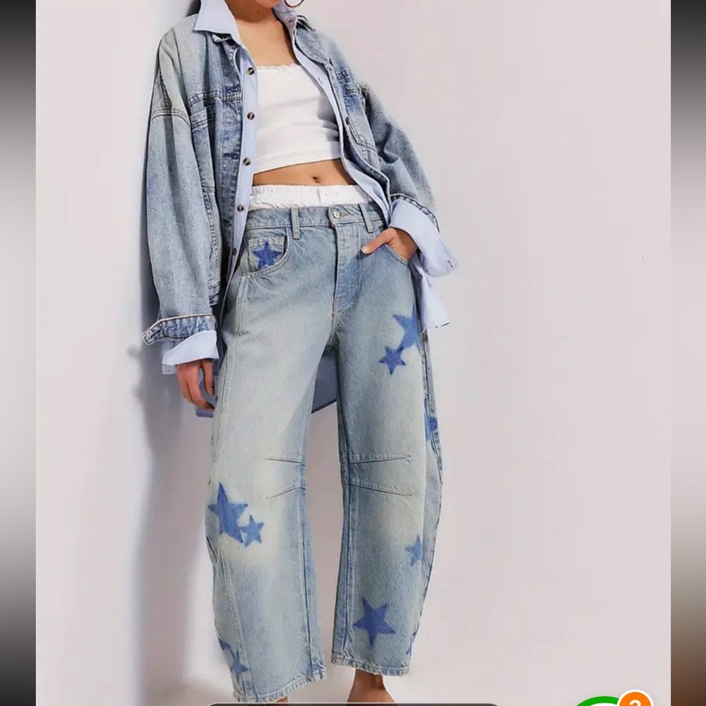 Star Pattern print Denim Jacket barrel Jeans